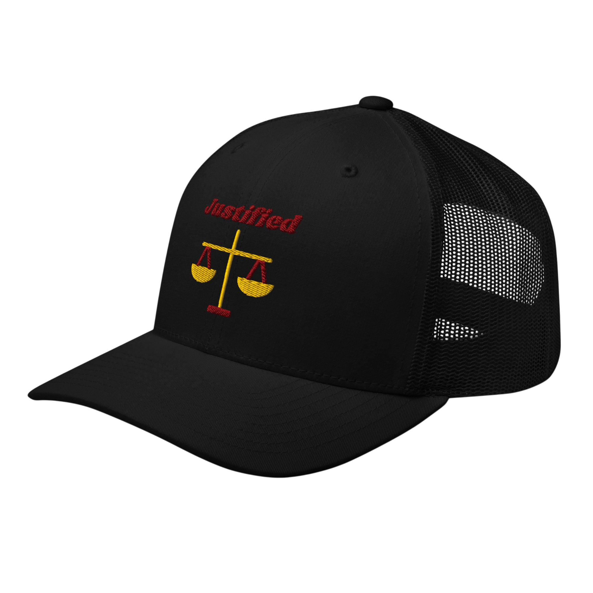 Justified Retro Trucker Hat - Black, left front