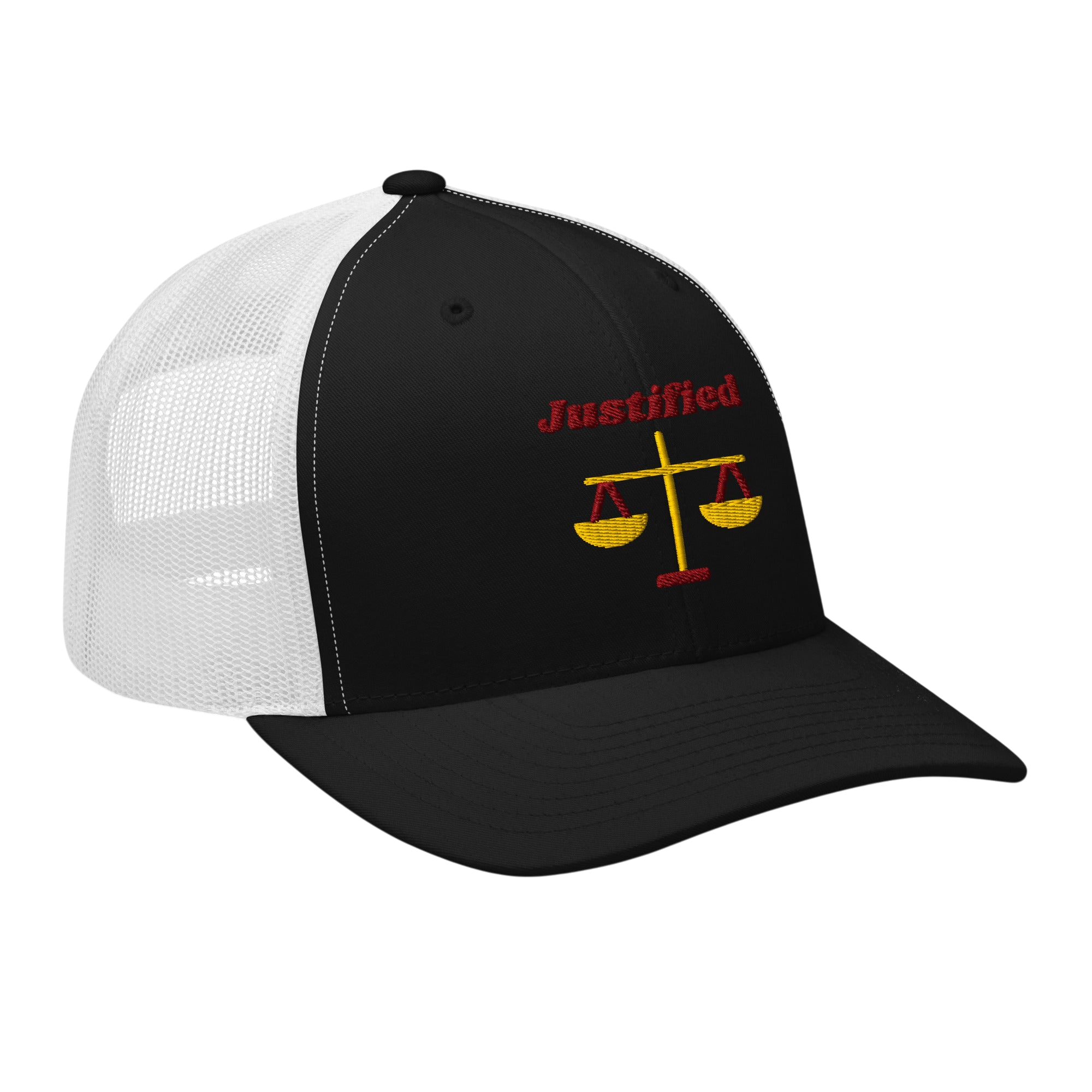 Justified Retro Trucker Hat - Black White, right front