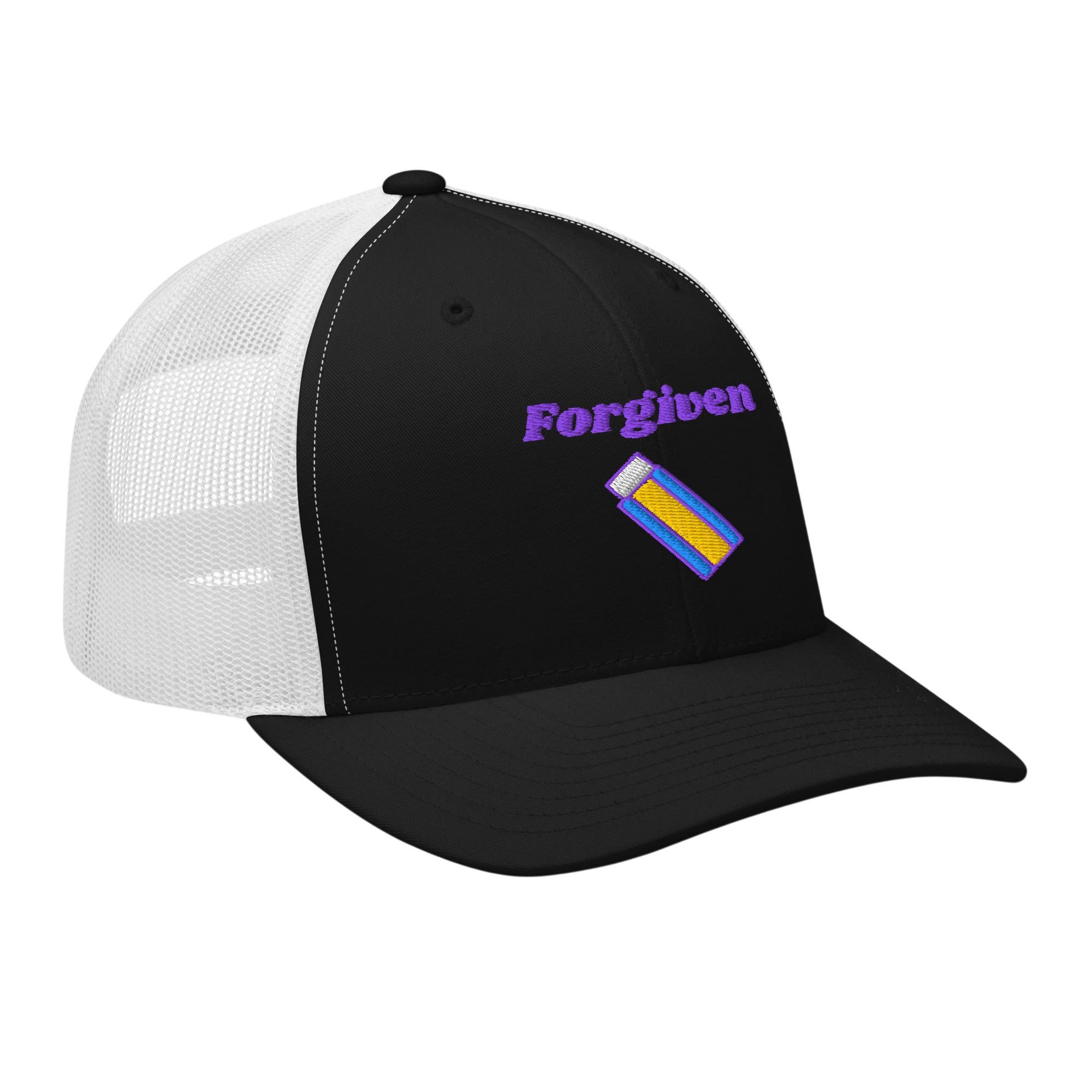 Forgiven Retro Trucker Hat - Black White, right front