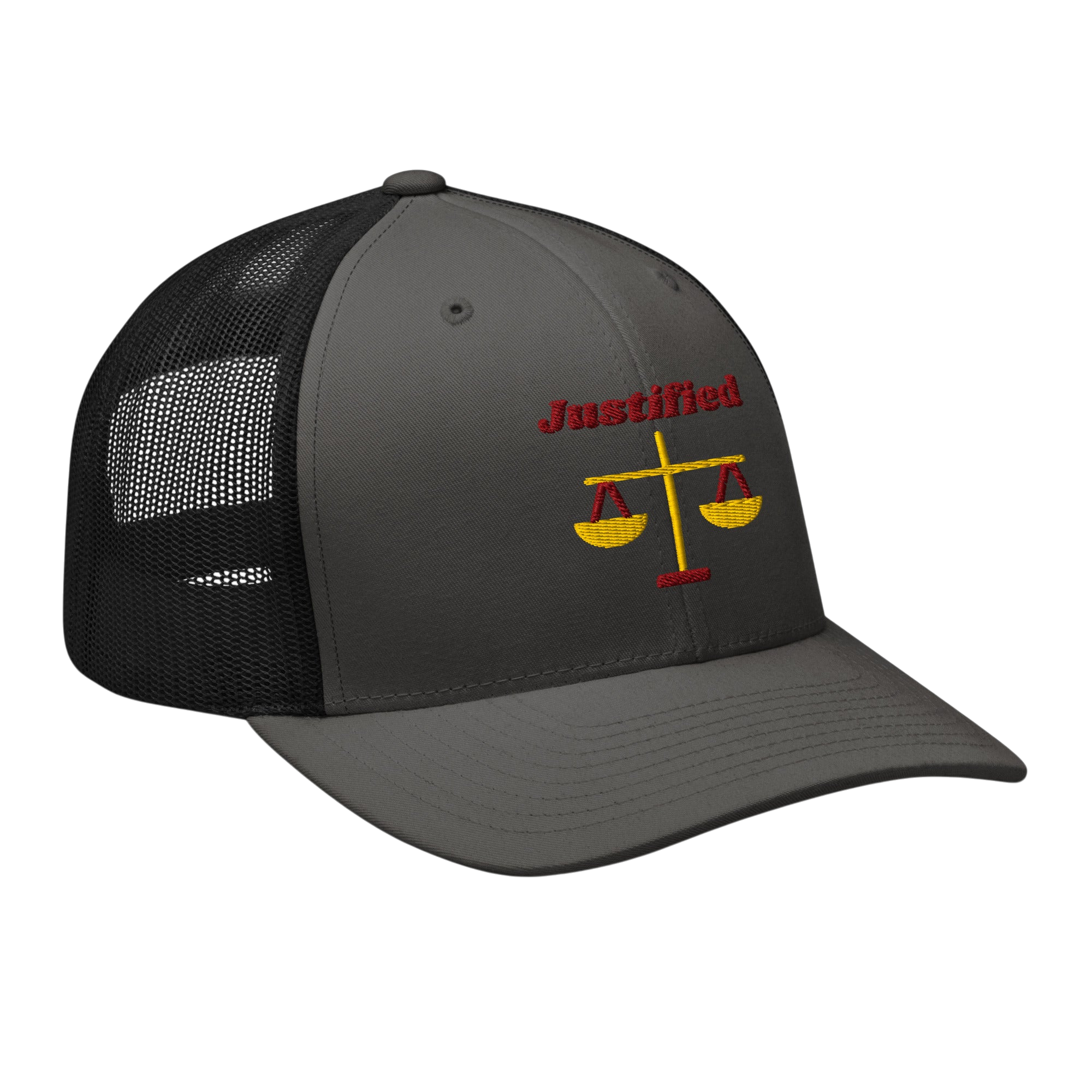 Justified Retro Trucker Hat - Charcoal Black, right front