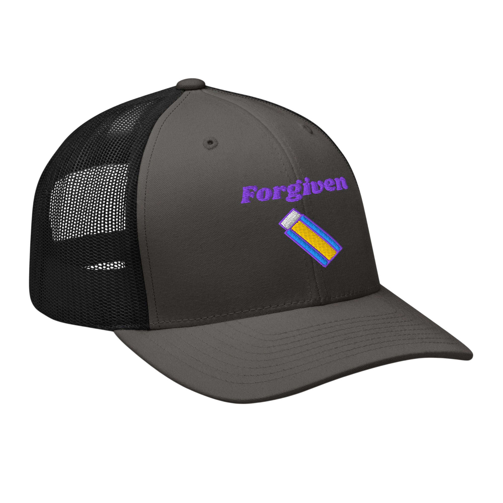 Forgiven Retro Trucker Hat - Charcoal Black, right front