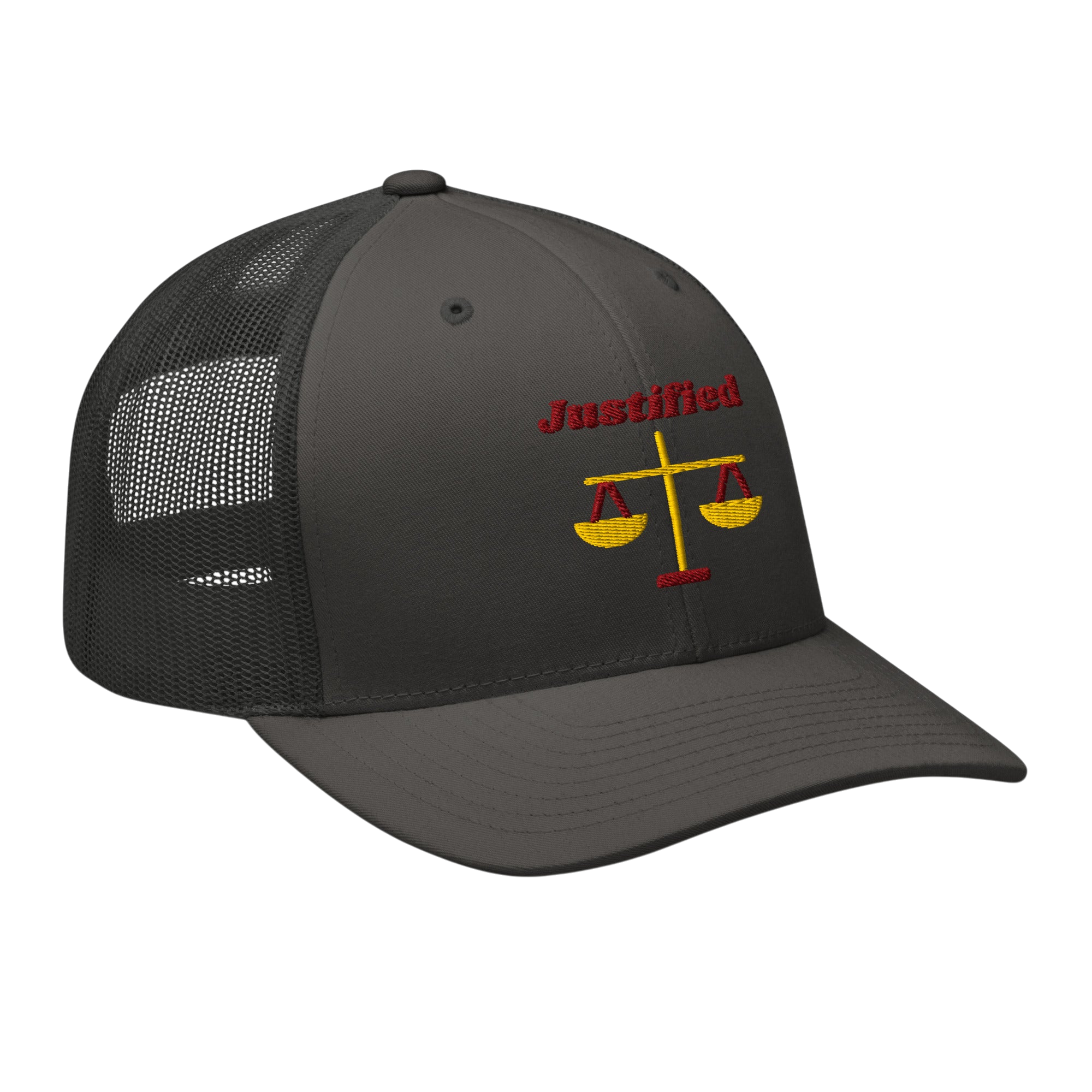 Justified Retro Trucker Hat - Charcoal, right front