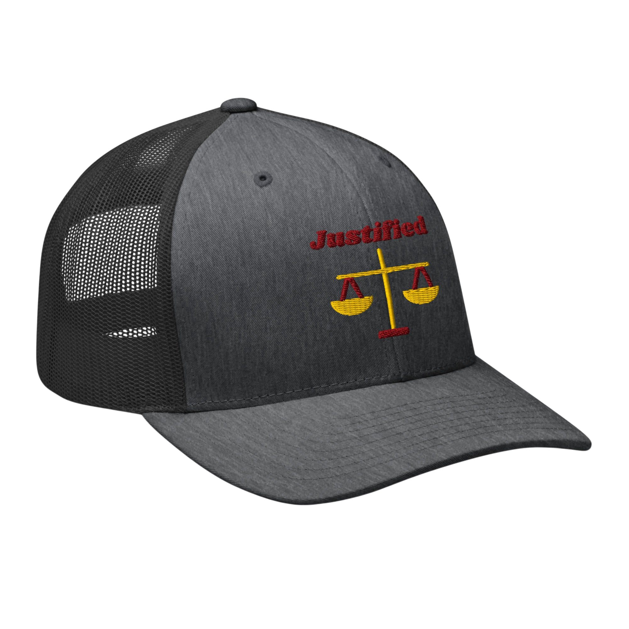 Justified Retro Trucker Hat - Dark Heather Gray, right front