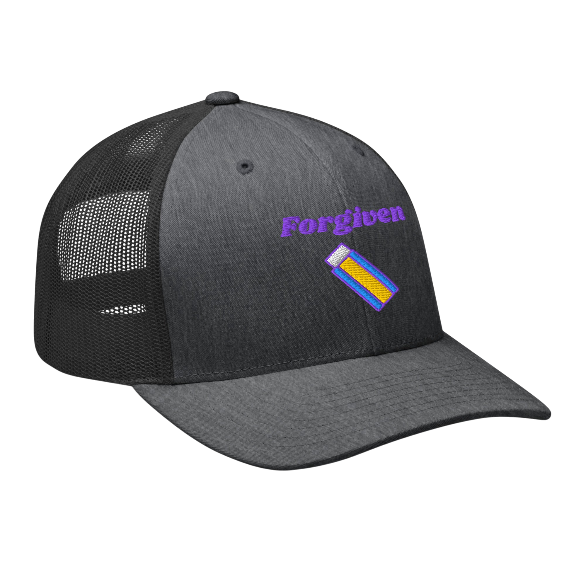 Forgiven Retro Trucker Hat - Dark Heather Gray, right front