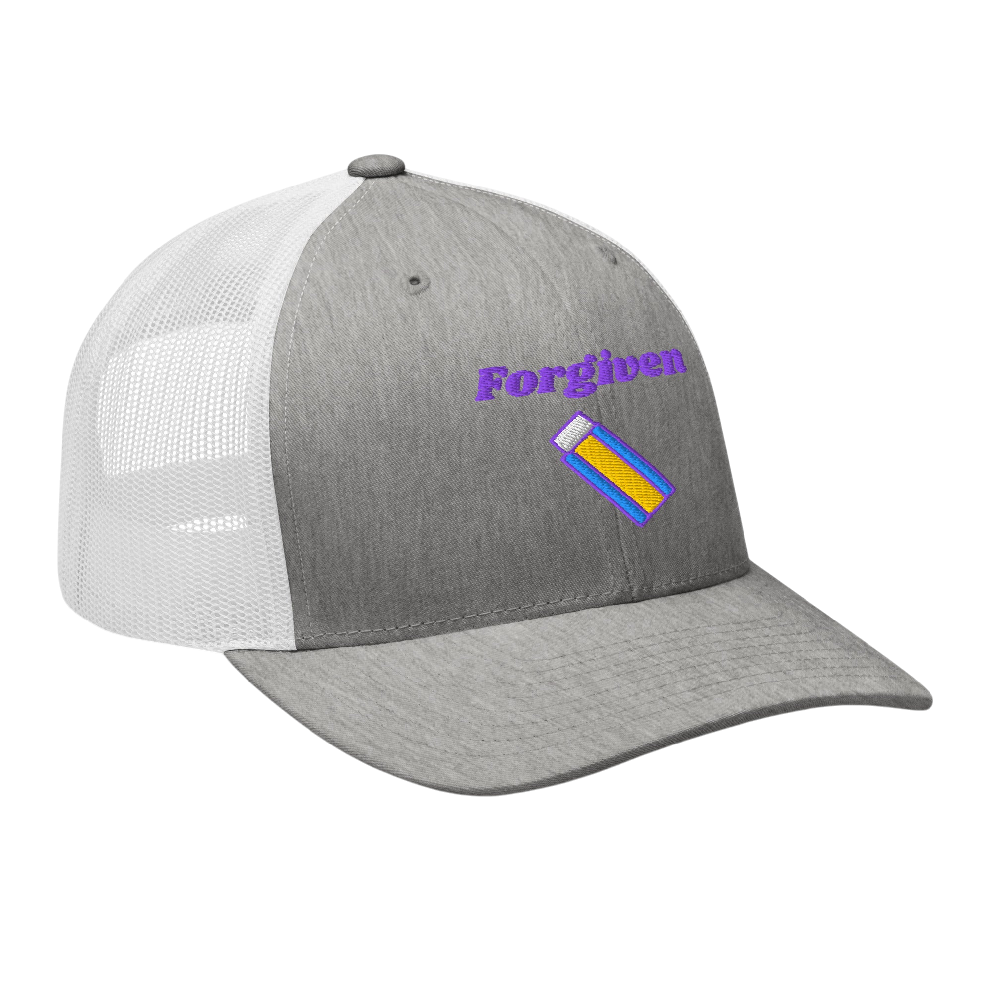 Forgiven Retro Trucker Hat - Heather Grey White, right front
